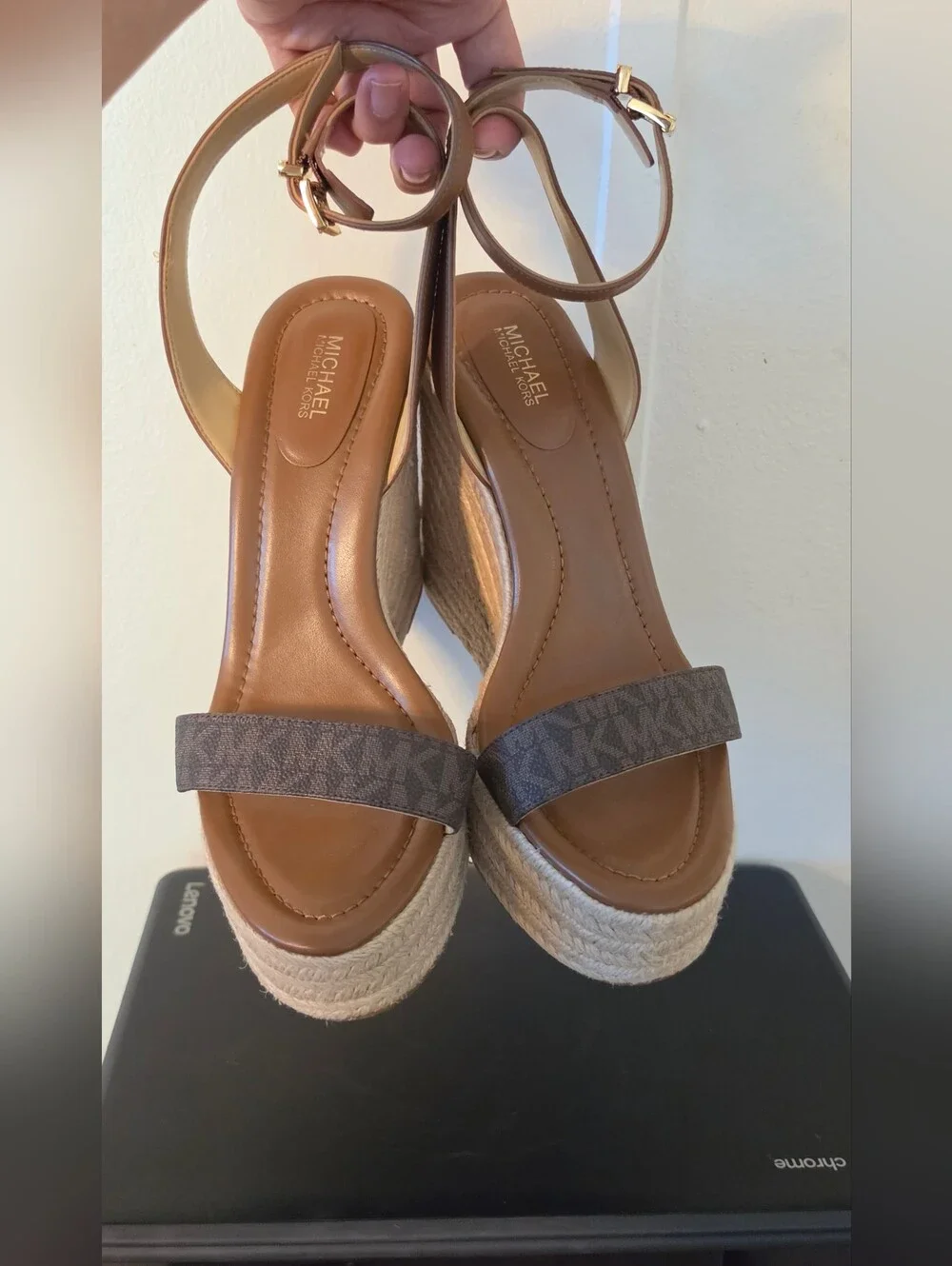 Michael Kors Tan Espadrille Platform Sandals with Signature Canvas Strap